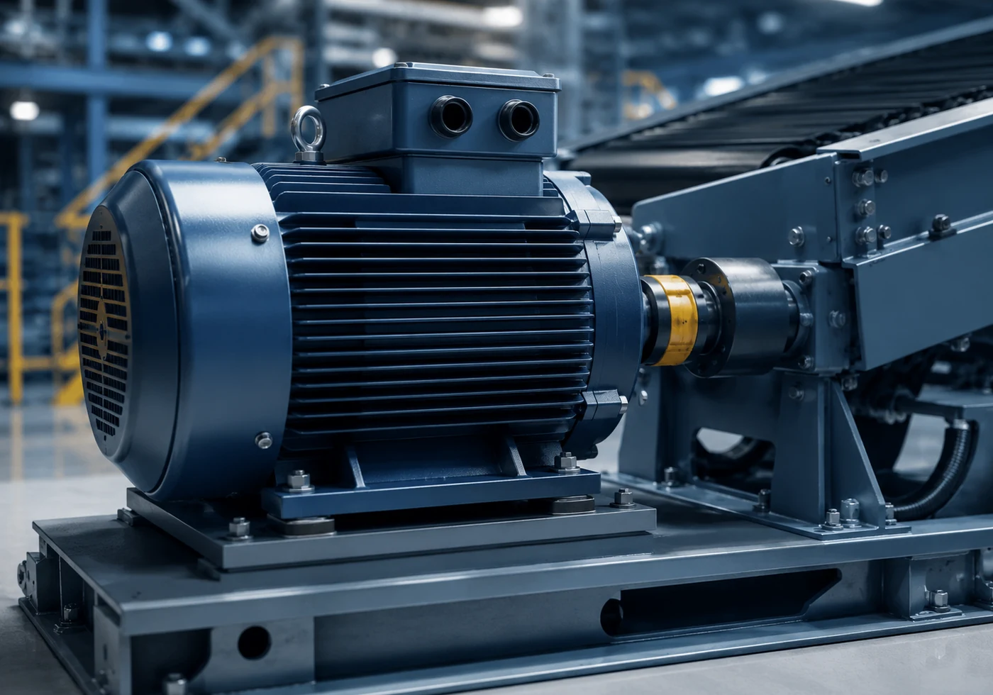 Close view of an induction motor, coupling, baseplate and conveyor drive assembly.