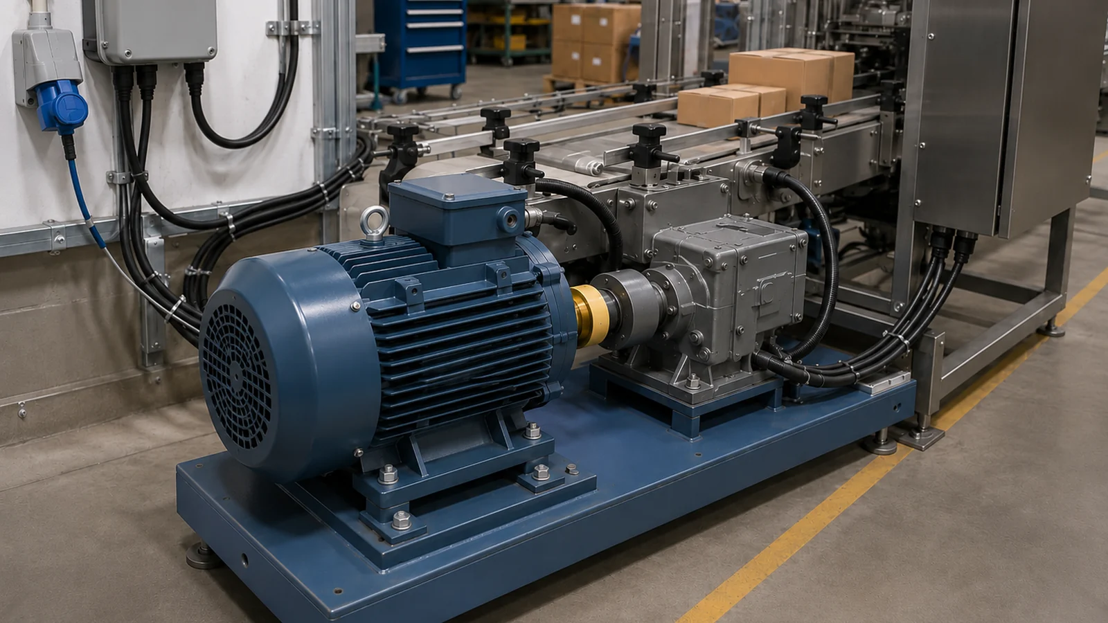 Industrial electric motor driving a conveyor line in a compact manufacturing environment.
